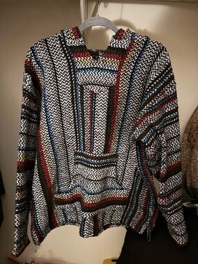 Men's Multicolor Baja Hoodie Sweater - Black/White with Red & Blue Accent
